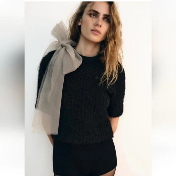 ZARA ORGANZA BOW KNIT TOP - Picture 1 of 4